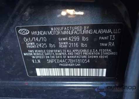 2011 Hyundai Sonata Gls from USA, damaged, VIN 5NPEB4AC7BH181054